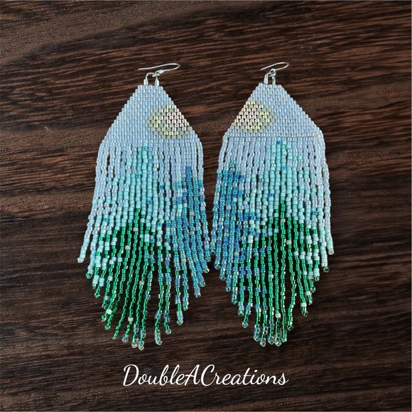Pine Tree Beaded Earrings with Fringe, New, Handmade by Me - Picture 1 of 7
